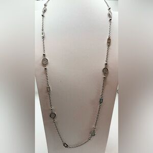 CHARMING CHARLIE SILVER TONE GLITTER DISC ART DECO CHAIN NECKLACE LONG LENGTH